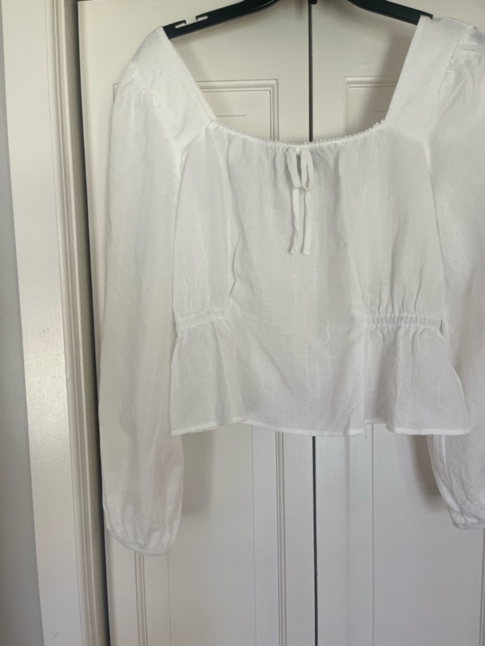 White Peasant Smocked Waist Long-Sleeve Top